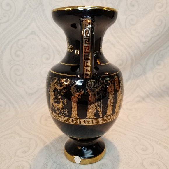 1960s I. Spyropoulos Greek Black Urn Handled Vase 24k Gold Detailing Handmade - Picture 5 of 11
